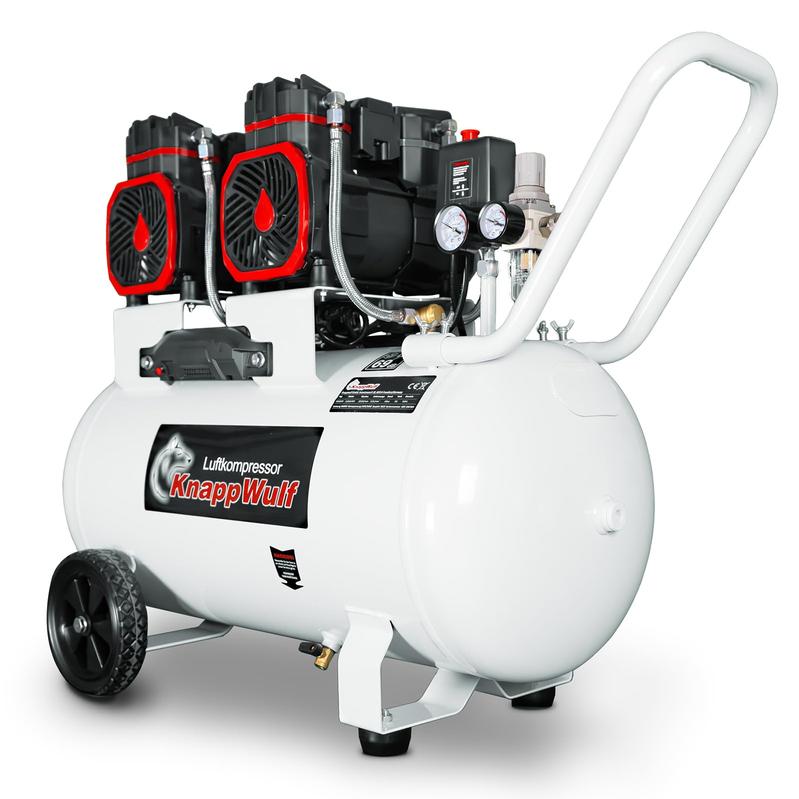 KnappWulf Compresor silencioso, 10 bar, 70 L, 3000 W, 4 PS, 69 dB, 512 l/min, caudal de aire, con separador de agua, silencioso, 230 V, compresor de aire KW6070, motores sin escobillas