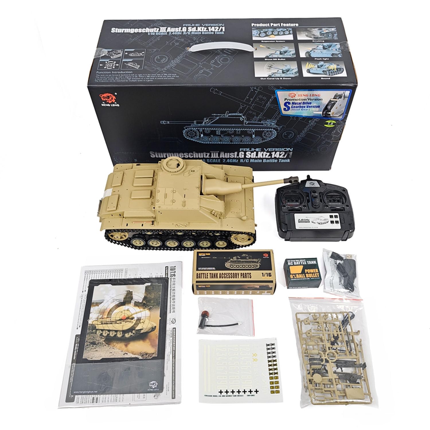 1/16 Henglong 7,0 Mainboard Deutscher Stug III RTR Kunststoff RC-Panzer-Modell 3868 BB IR Stahlgetriebe 1800MAH Batterie Radio Sound Licht