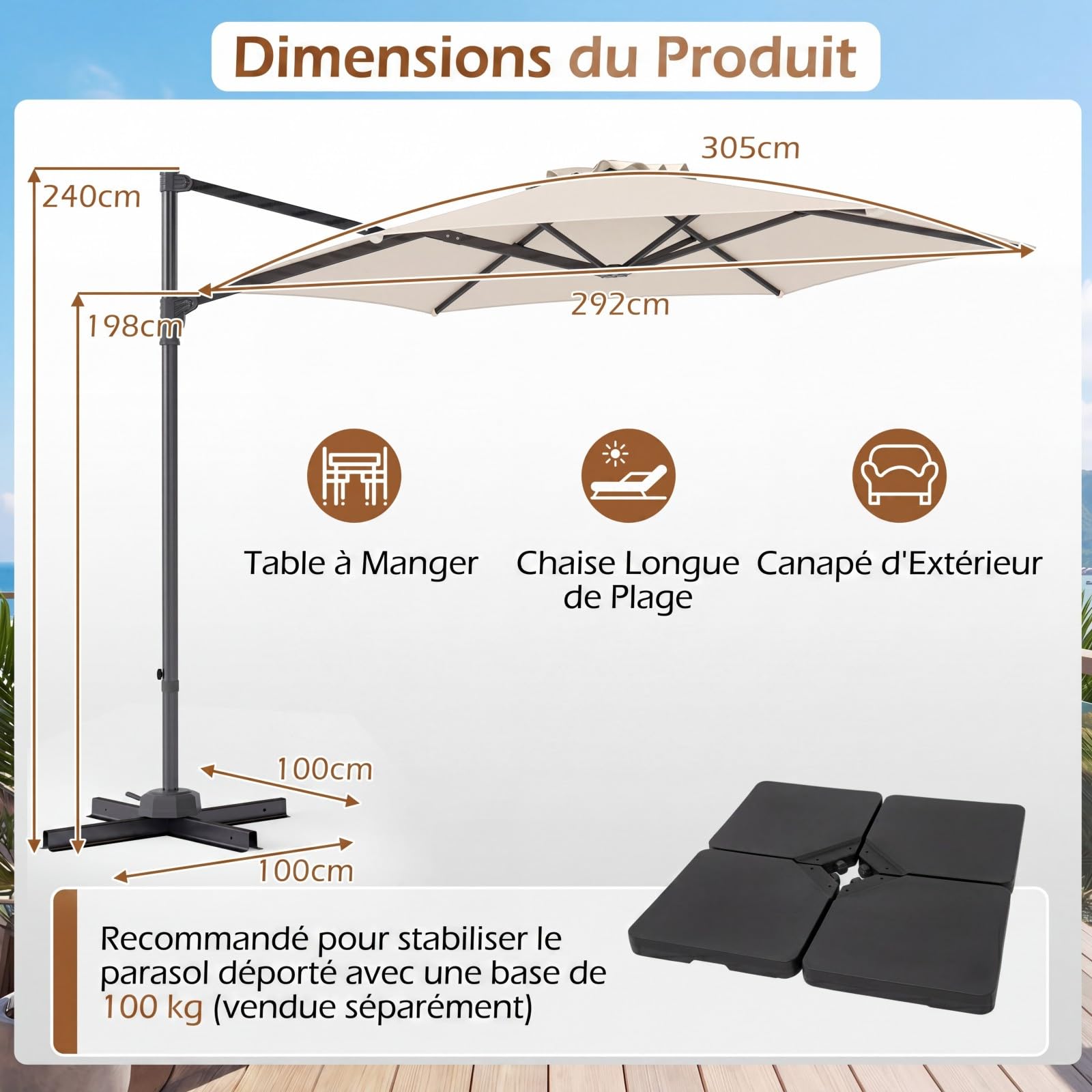 COSTWAY Parasol de Jardin Extérieur, Parasol Déporté Hexagonale avec Rotation 360° Réglable, Socle en Croix, Amovible, Support Métallique, Protection Solaire, pour Balcon, Patio, Terrasse (Beige)
