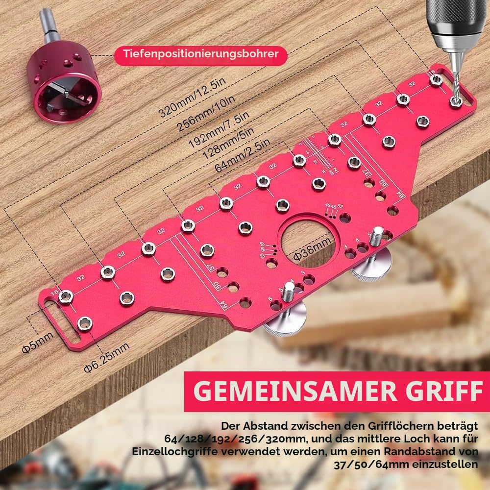 Lochreihen Bohrschablone, 2 in 1 Regalstiftvorrichtung und 35mm Scharniervorrichtung, Schablone Bohrführung mit 5mm 6.25mm Bohrlehre für Holzbearbeitung, DIY-Holzbearbeitungswerkzeug (Long)
