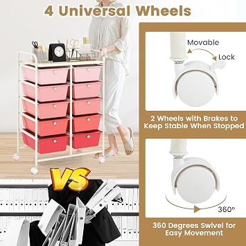 HAPPYGRILL 10-Drawer Rolling Storage Cart, Storage Organizer Cart with Lockable Wheels, Beauty Salon Movable Utility Cart for School, Office, Home, (Pink)