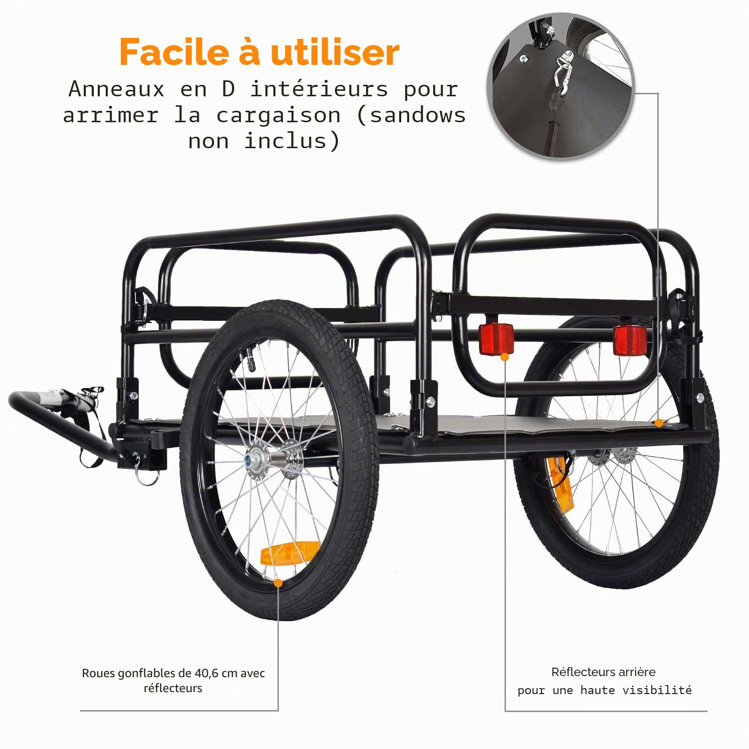 Tiggo Remorque de velo pliable - Surface de charge : 67 x 46 x 25 cm - env. 70 l / 2 boites a boissons, poids de charge : 40 kg