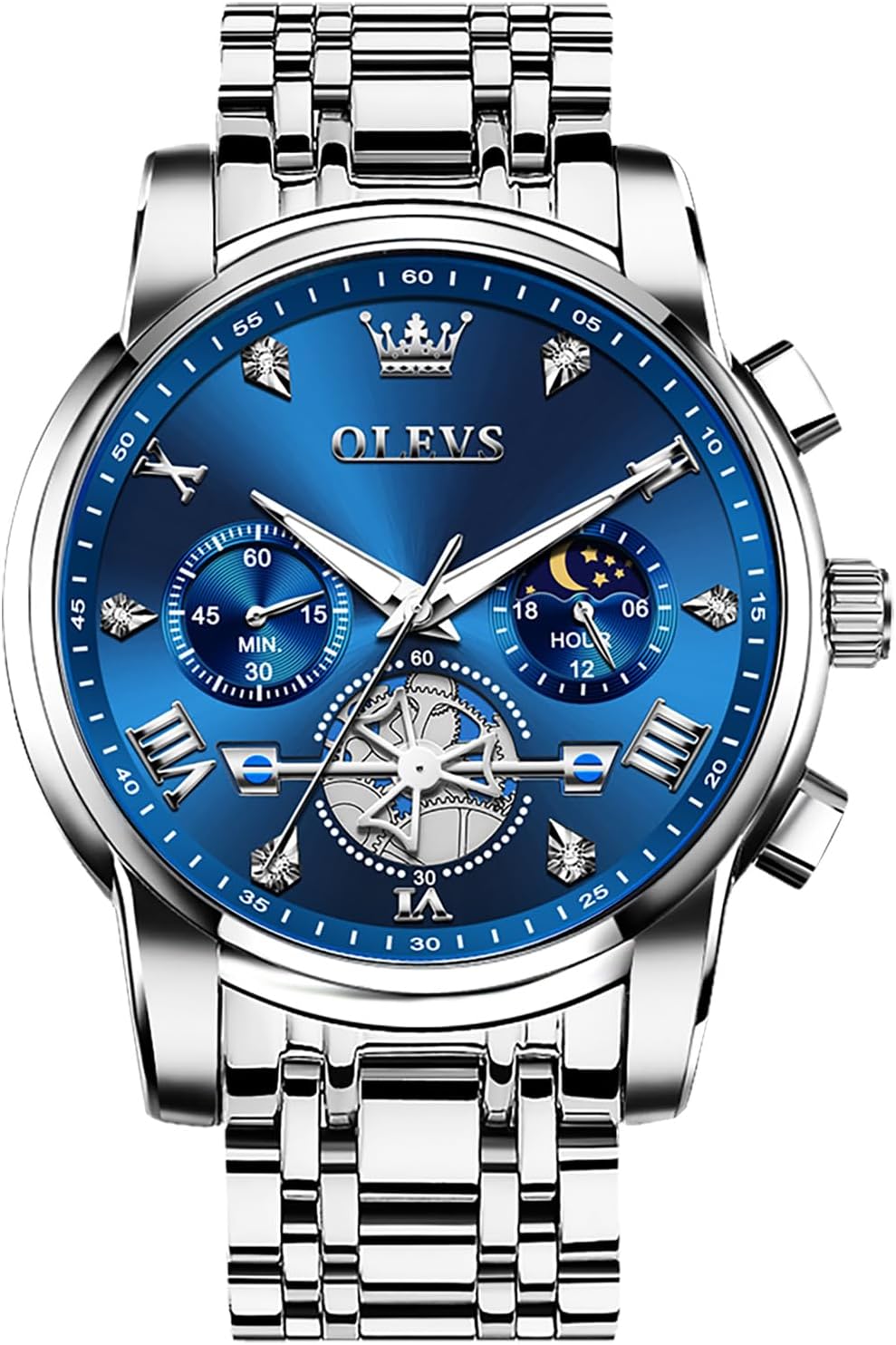 Men's Stainless Steel Chronograph Watch, Large Face Easy to Read Roman Numerals Diamond Accented Analog Dress Watches for Men, Elegant Waterproof Luminous Male Quartz Wristwatch
