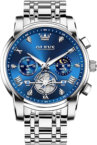 OLEVS Reloj cronógrafo de acero inoxidable para hombre, cara grande, fácil de leer, números romanos con detalles de diamante, relojes de vestir