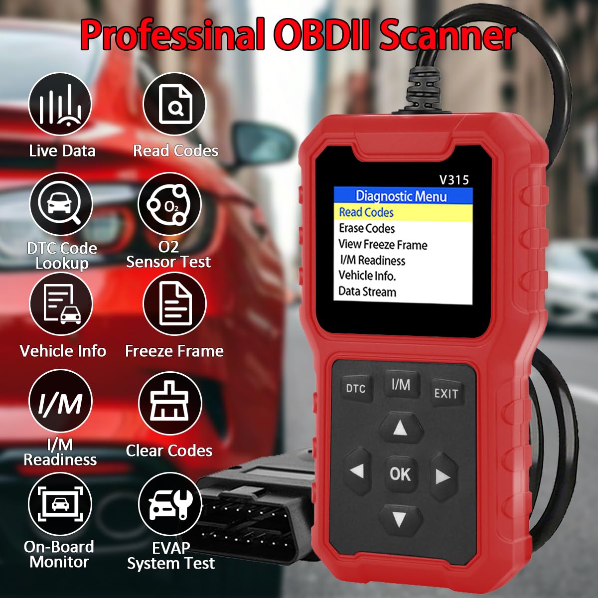 V315 Narzędzie diagnostyczne OBD2, czytnik kodów, narzędzie diagnostyczne światła silnika, tester napięcia akumulatora, do samochodów osobowych i ciężarowych OBD2 od 1996 roku