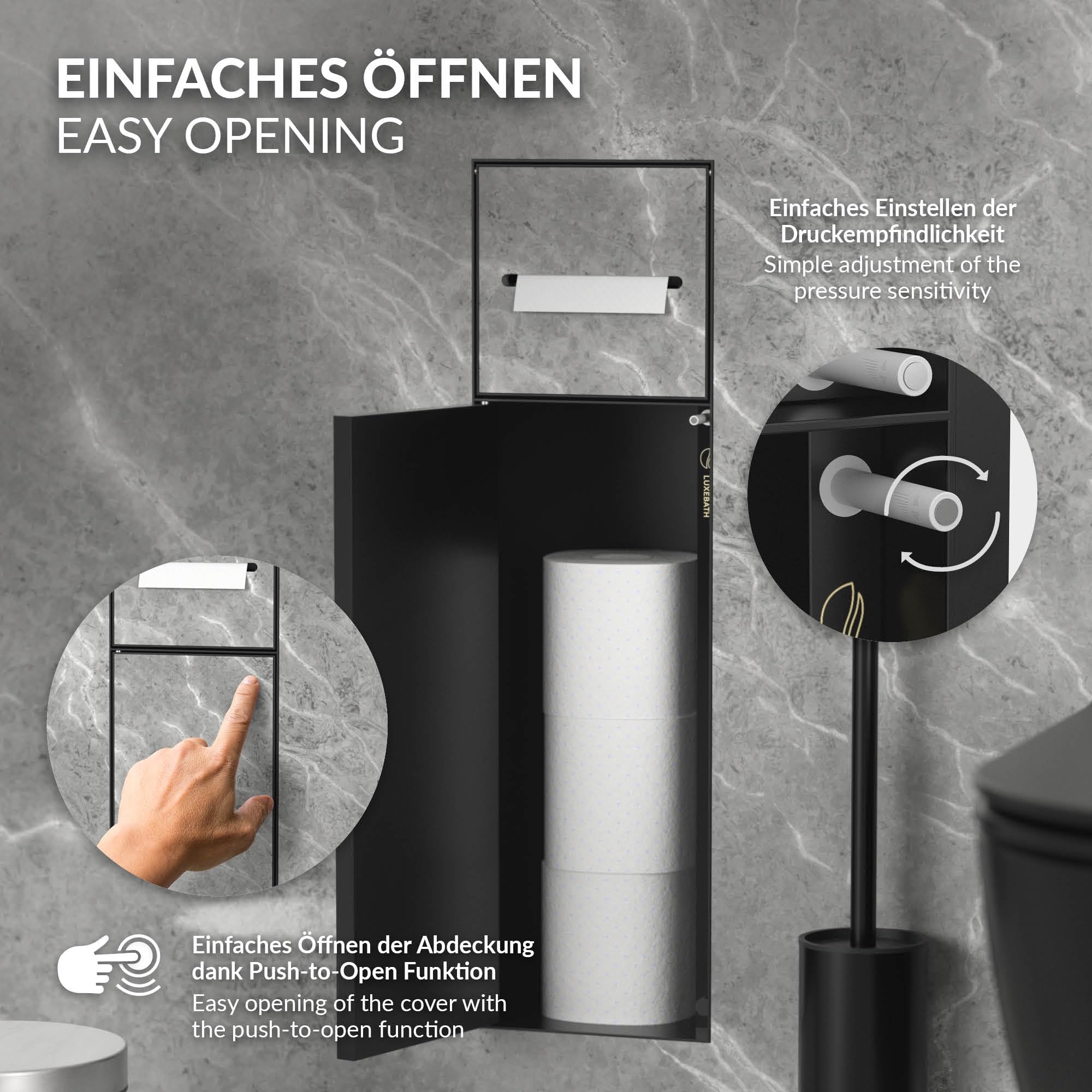 LuxeBath Módulo de Armario Empotrado para Baño de Acero Inoxidable Negro Mate 60 x 20 x 14 cm con Portarrollos con Tapa y Escobilla, Mueble WC Alicatable Encastrado para Aseo/Servicio Nicho de Pared