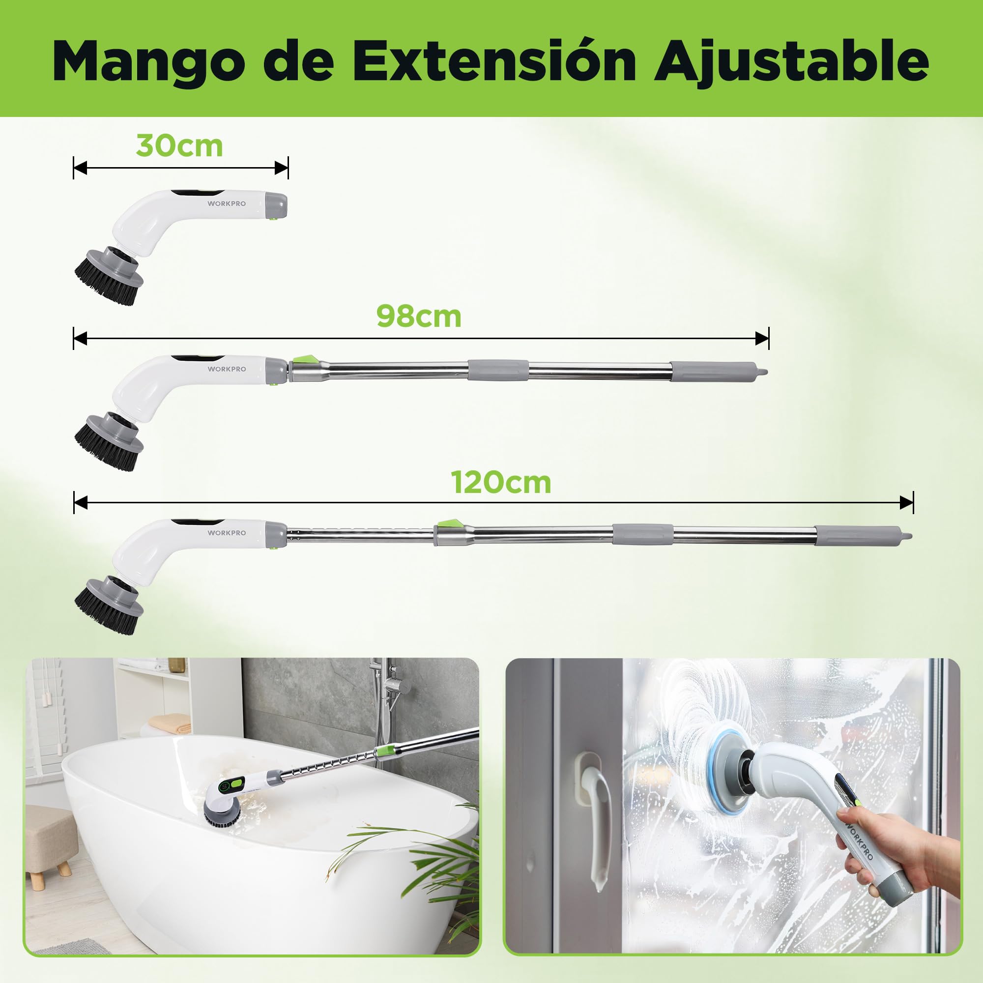 WORKPRO Cepillo Limpieza Eléctrico 8V con 8 Cabezales Mango Telescópico | Mango Ajustable de 30-120cm y Tres Velocidades para Limpiar Suelos, Baños, Cocinas y Zonas de Difícil Acceso
