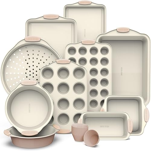 Miniatura 77 de Country Kitchen Juego de utensilios para hornear apilables antiadherentes, resistentes, duraderos, de fácil liberación, color rojo, 10