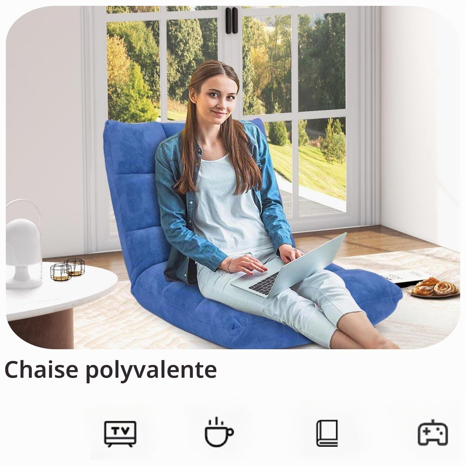 LIFEZEAL Chaise de Sol Rembourrée Pliable, 14 Angles Réglable, Canapé Paresseux Réglable avec Grand Dossier, Chaise de Méditation, Fauteuil Salon pour Yoga, Polaire Corail(Bleu)