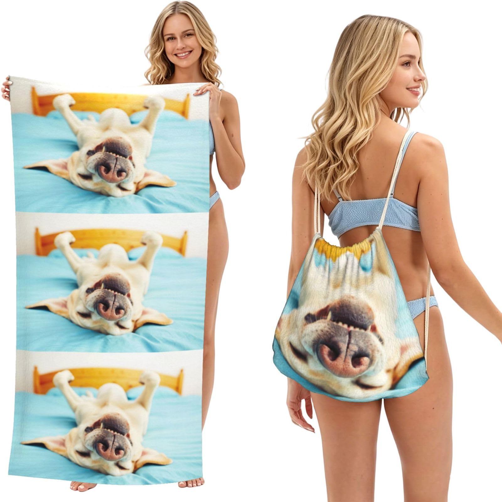 Poadnly As Picture Sleeping Labrador, 2 In 1 Packable Towel Bag, Beach Towels With Drawstring Backpack For Travel Holiday Camping
