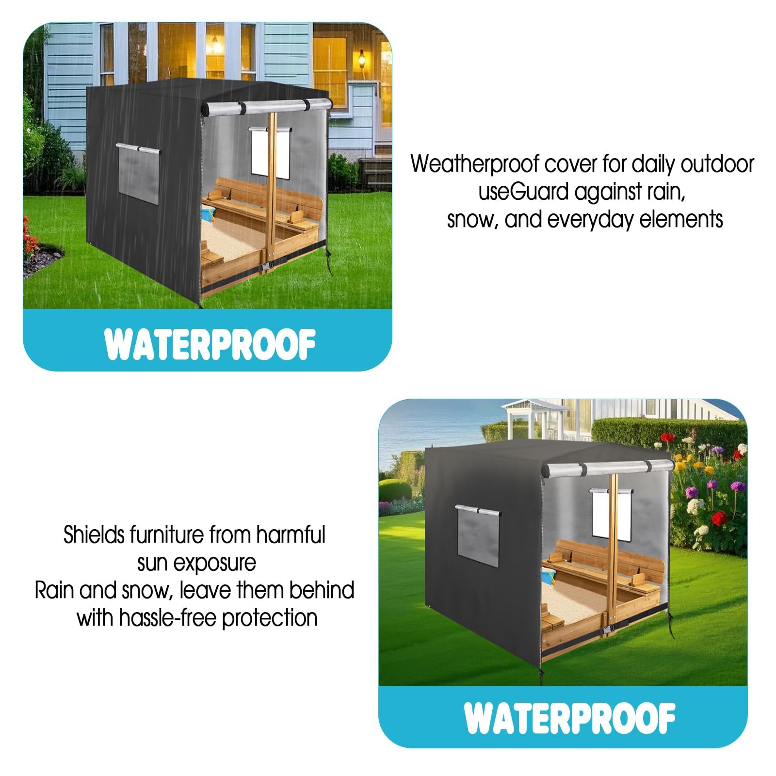 Housse de bac à sable (cube de 121,9 cm), housse imperméable pour bac à sable en bois 420D avec couvercle et banc pliable (noir)