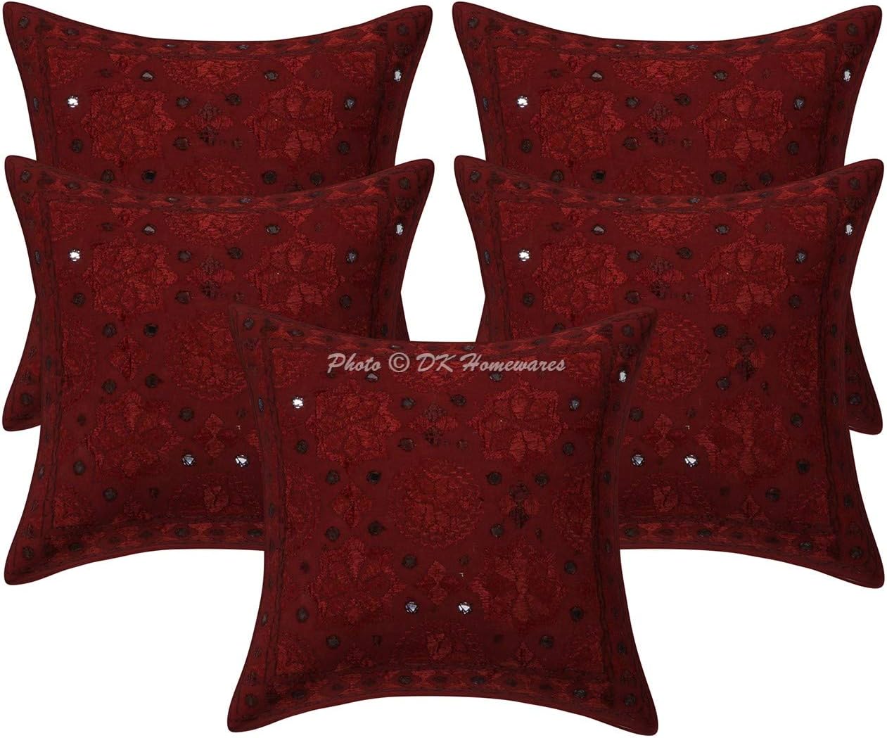 Indian Decorative Sofa Throw Pillowcases 16 Inch Cotton Embroidered Mirrored Bohemian Square Couch Cushion Covers (Size - 40x40 cm ; Color: Maroon) - Set of 5 Pcs (Cover Only)
