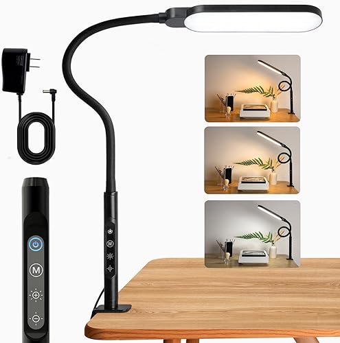 BQAN Lámpara de escritorio LED con abrazadera, 15 W con clip para cuidado de los ojos, lámparas de escritorio de cuello de cisne ajustable para