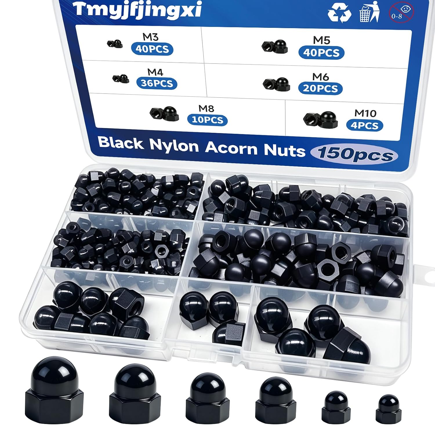 150PCS Black Acorn Cap Nuts Assortment Kit M3 M4 M5 M6 M8 M10 Nylon Dome Hex Nut Bolt Covers Caps for Screws YY042