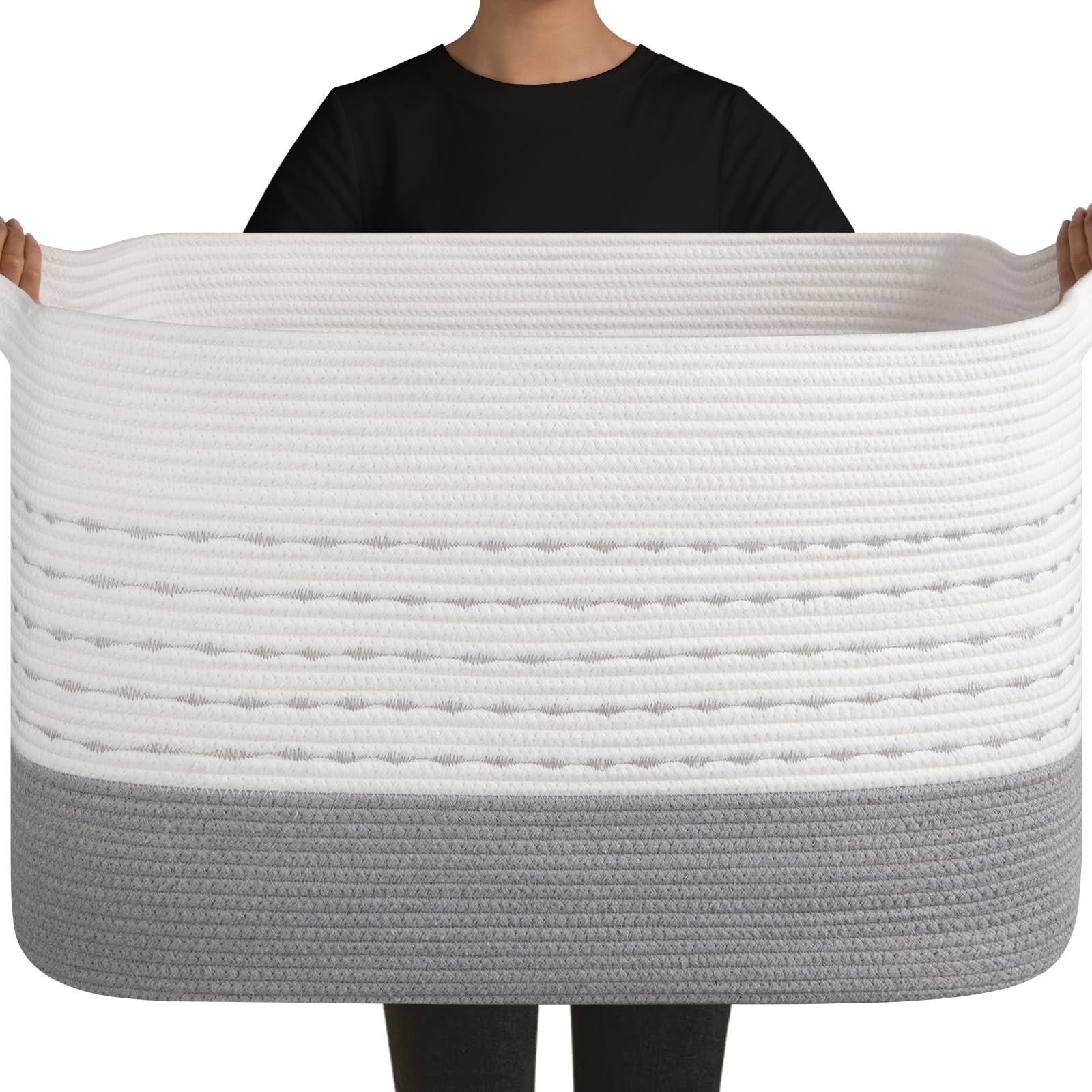 OIAHOMY 108L Extra Large Blanket Basket, 25”x16”x16” Rectangle Woven Cotton Rope Baskets for Living Room, Toy Storage with Handle- Gradient Grey