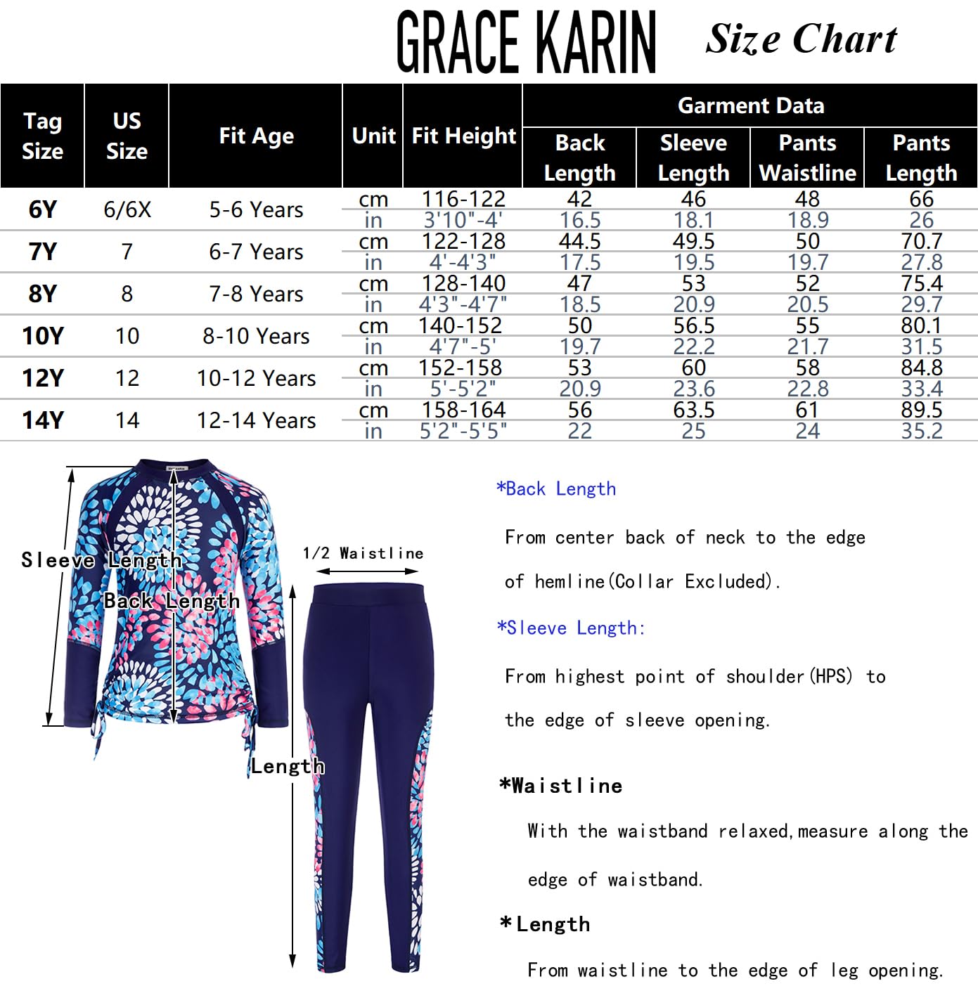 GRACE KARIN Traje de baño de manga larga para niñas, estampado de dos piezas, para verano, playa