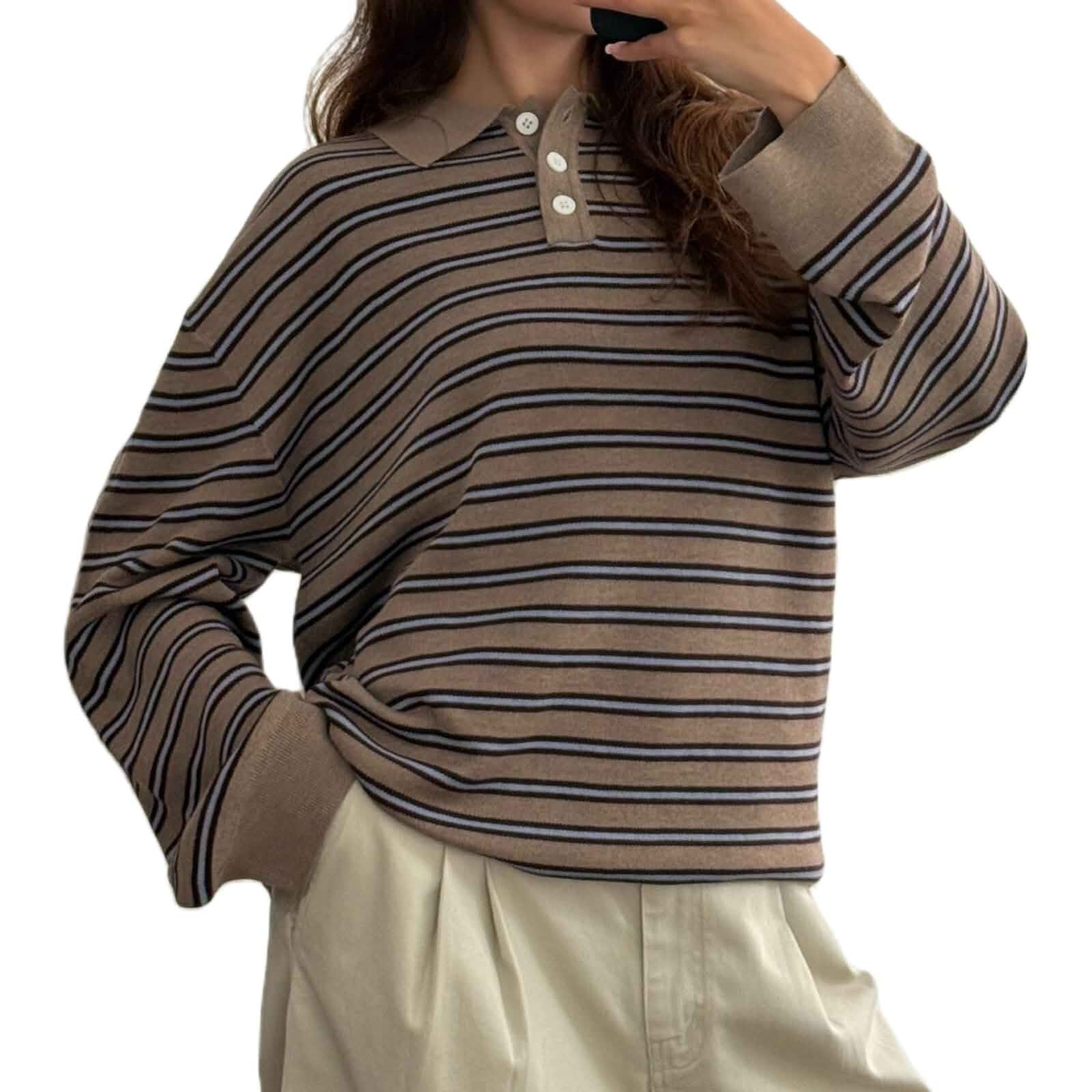 Women Rugby Polo Shirts Oversized Long Sleeve Collared Striped Sweatshirt Y2k Preppy Pullover Tops Striped