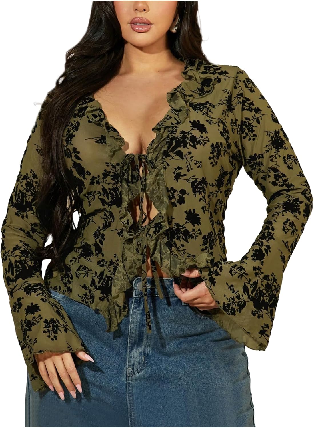 WDIRARA Women's Plus Size Floral Lace Sheer T Shirt Tie Front Long Bell Sleeve Tee Going Out Tops