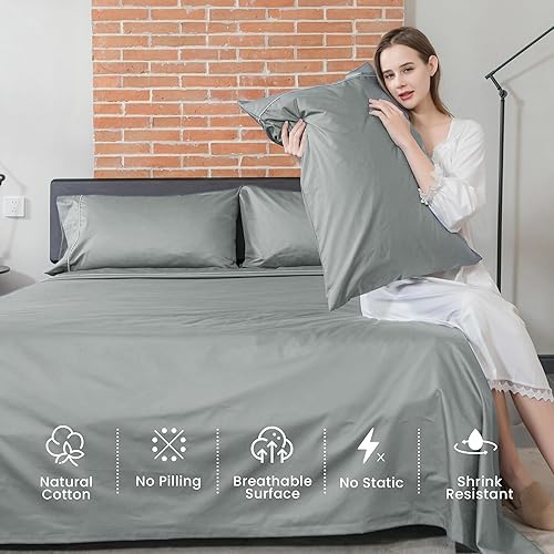 Miniatura 6 de sunflower Juego de sábanas de algodón tamaño Queen, sábanas de bolsillo profundo para hasta 16 pulgadas, sábanas de 4 piezas con diseño de ribete