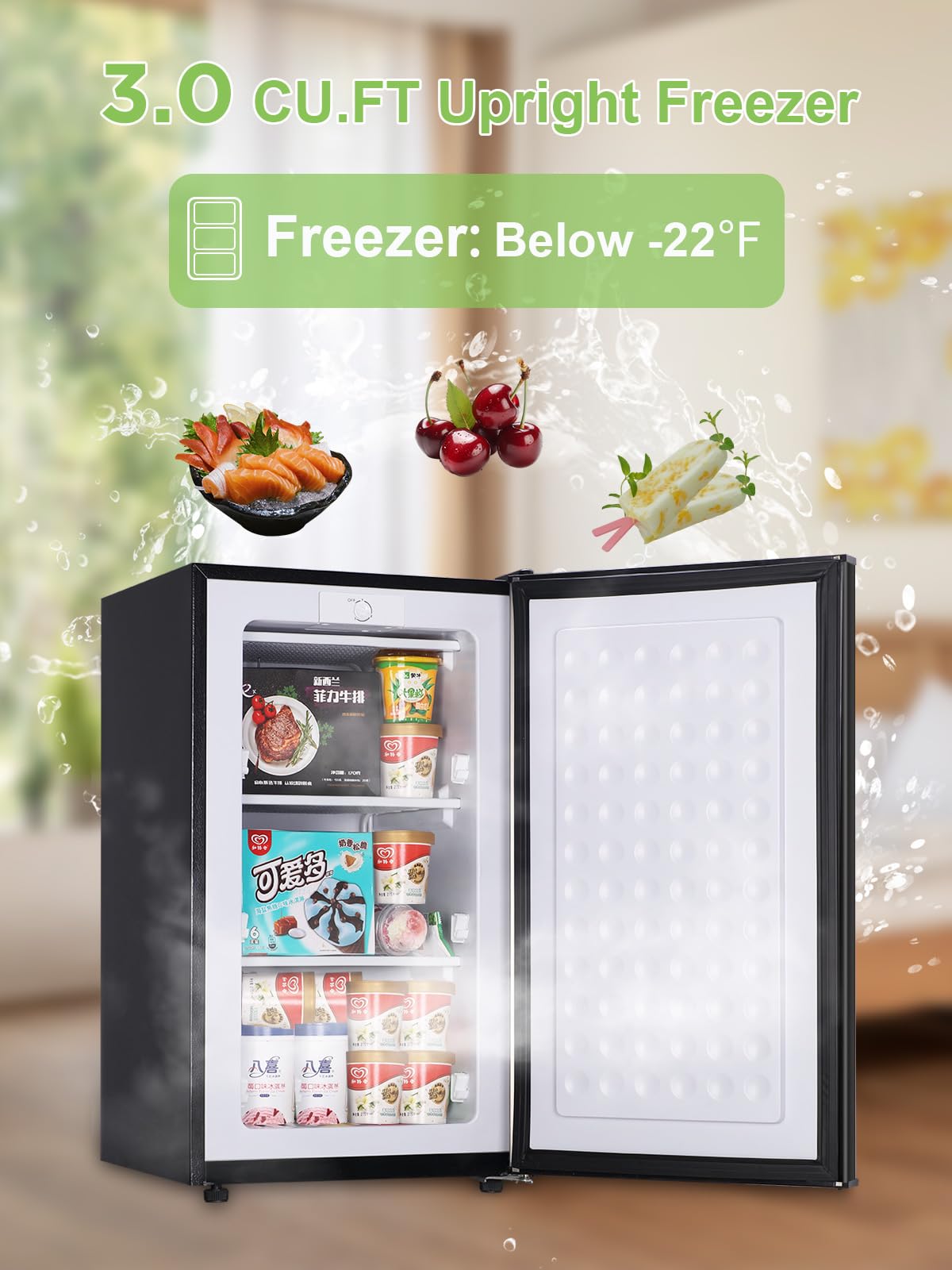 Krib Bling 3.0 Cu.Ft Compact Upright Freezer With Single Door, Two Shelves Mini Freezer With Three Adjustable Thermostat, -22°F And 32°F (0°C And -30°C)., For Home, Kitchen, Office, Black on Fridge.com - View 6
