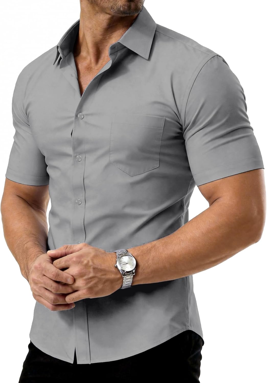 PLEPAN Mens Short Sleeve Slim Fit Dress Shirts Stain Proof Wrinkle Free Stretch Formal Button Down Shirt with Pocket