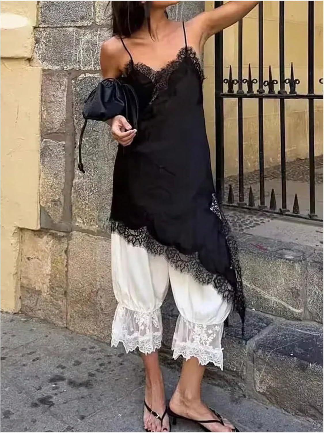 Floerns Women's Satin Lace Dress Layering Asymmetrical Tops Date Night Slip Dresses - Image 2