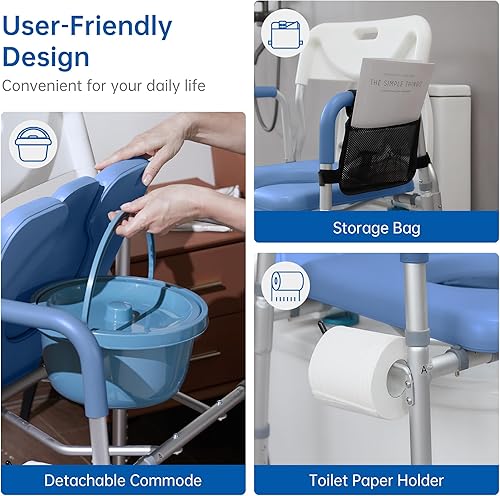 Miniatura 4 de Asiento de inodoro elevado con reposabrazos y respaldo, Elevador de asiento de inodoro elevado, Silla médica de mesita de noche, Silla de ducha con