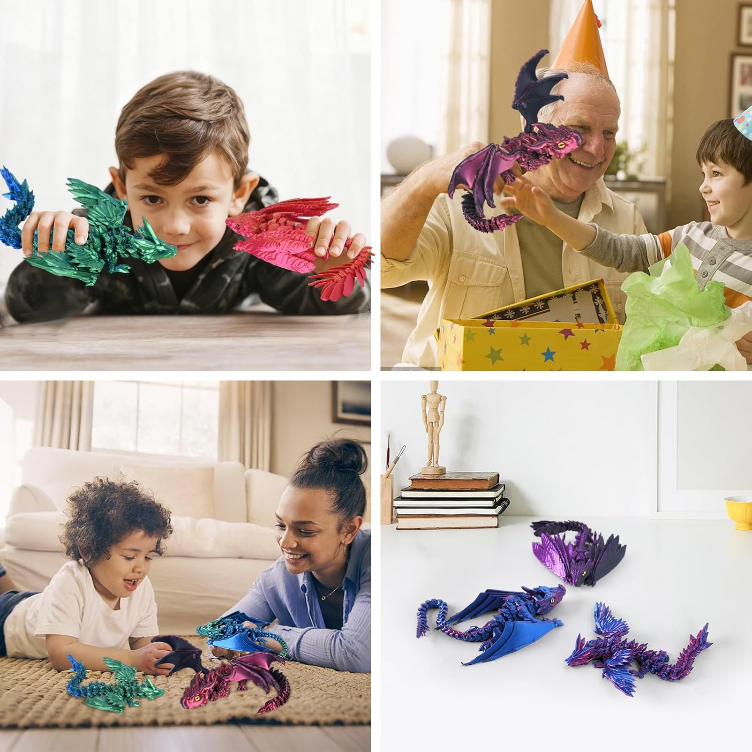 4PCS 12 Inch 3D Printed Dragons, Feathered Wyvern Figure with Wings, Dragon Desk Decor, Collectible Toy for Dragon Lovers(Mixed Colors-D)