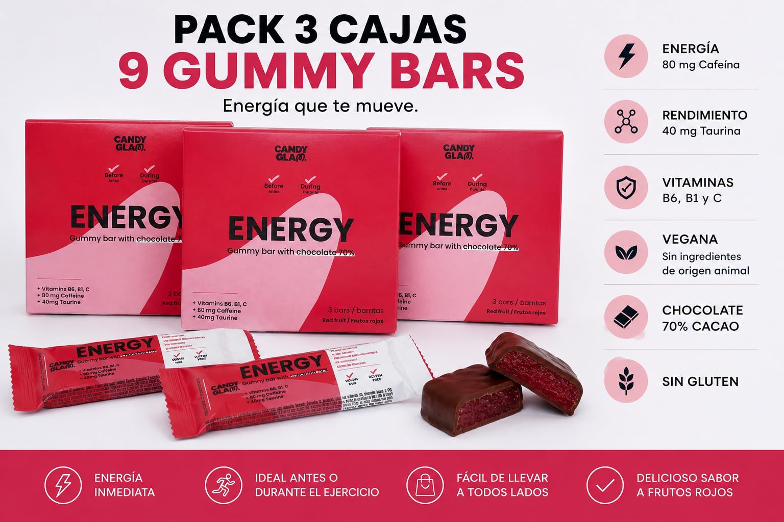 Candy Glam Pack 24 Barritas Gominola | 12 Frutos Rojos con Cafeína, Taurina y Vitaminas + 12 Creatina, Plátano y Chocolate 70% | Snack Deportivo para Energía y Entrenamiento