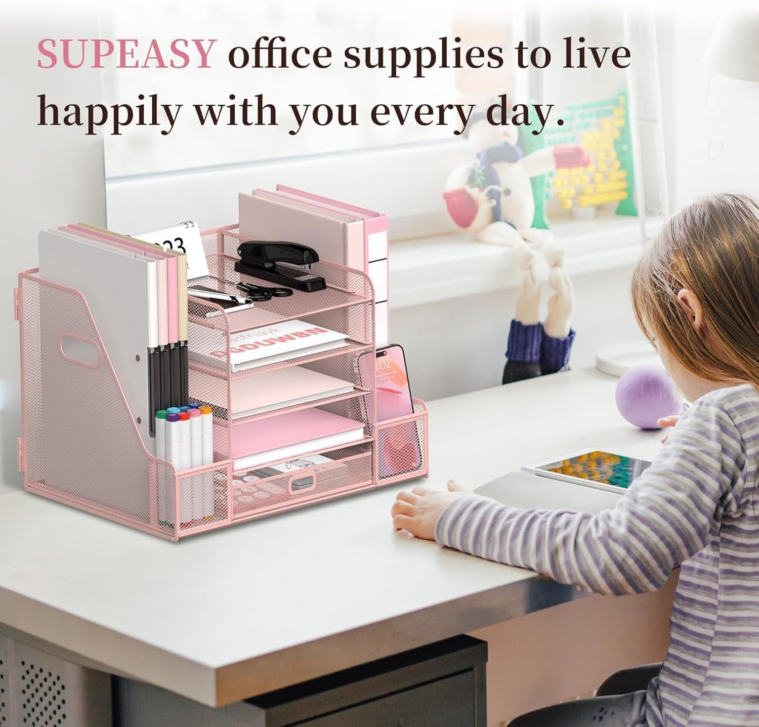 SUPEASY Mesh Desk Organizer with File Holder, 5-Tier Paper Letter Tray Organizer with Magazine Holder, Desktop Organizer and Storage with Drawer for Office Supplies Home or School (2Pack-Pink)