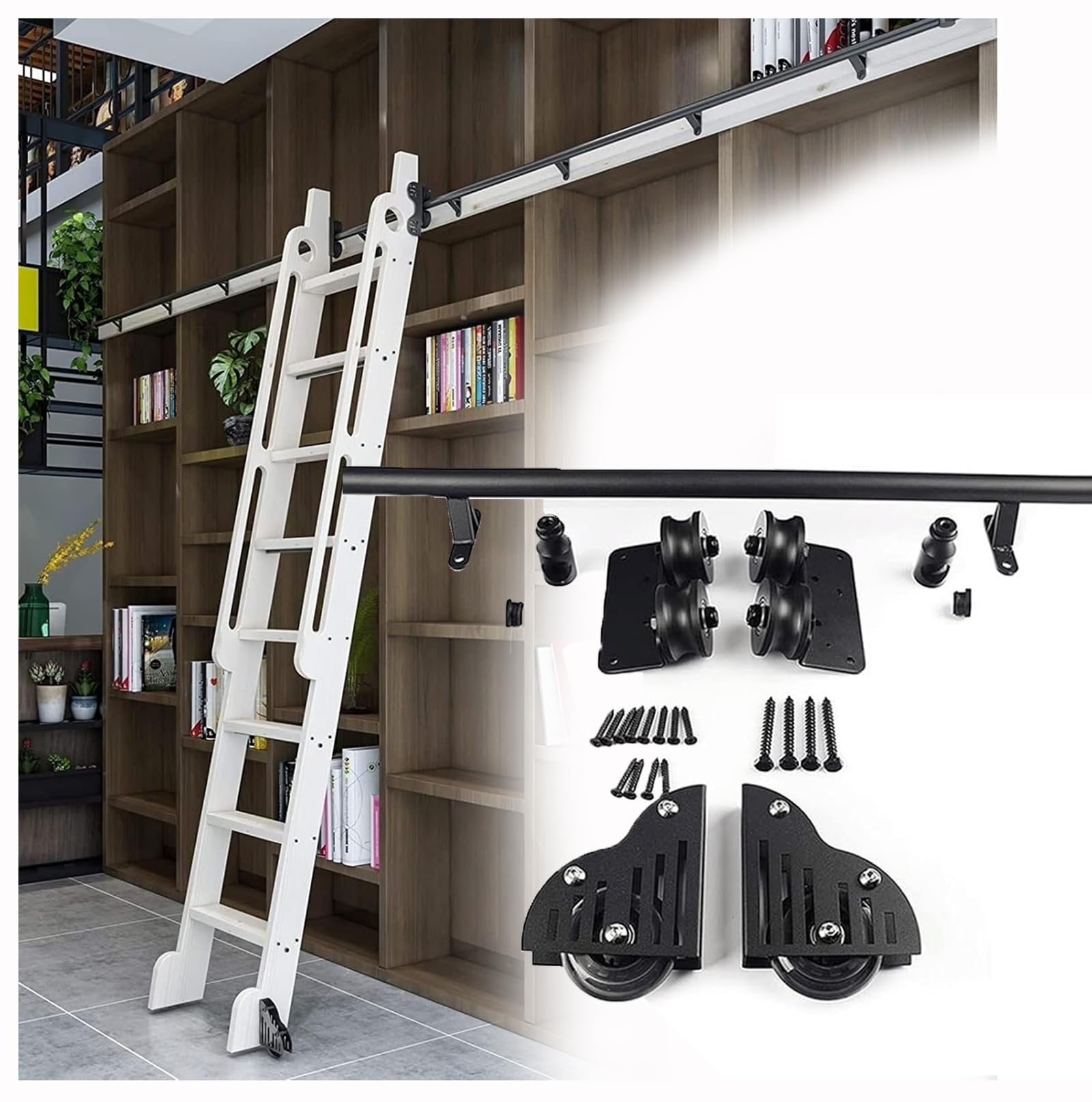 Kit échelle coulissante bibliothèque en acier noir premium avec fixations et roulettes