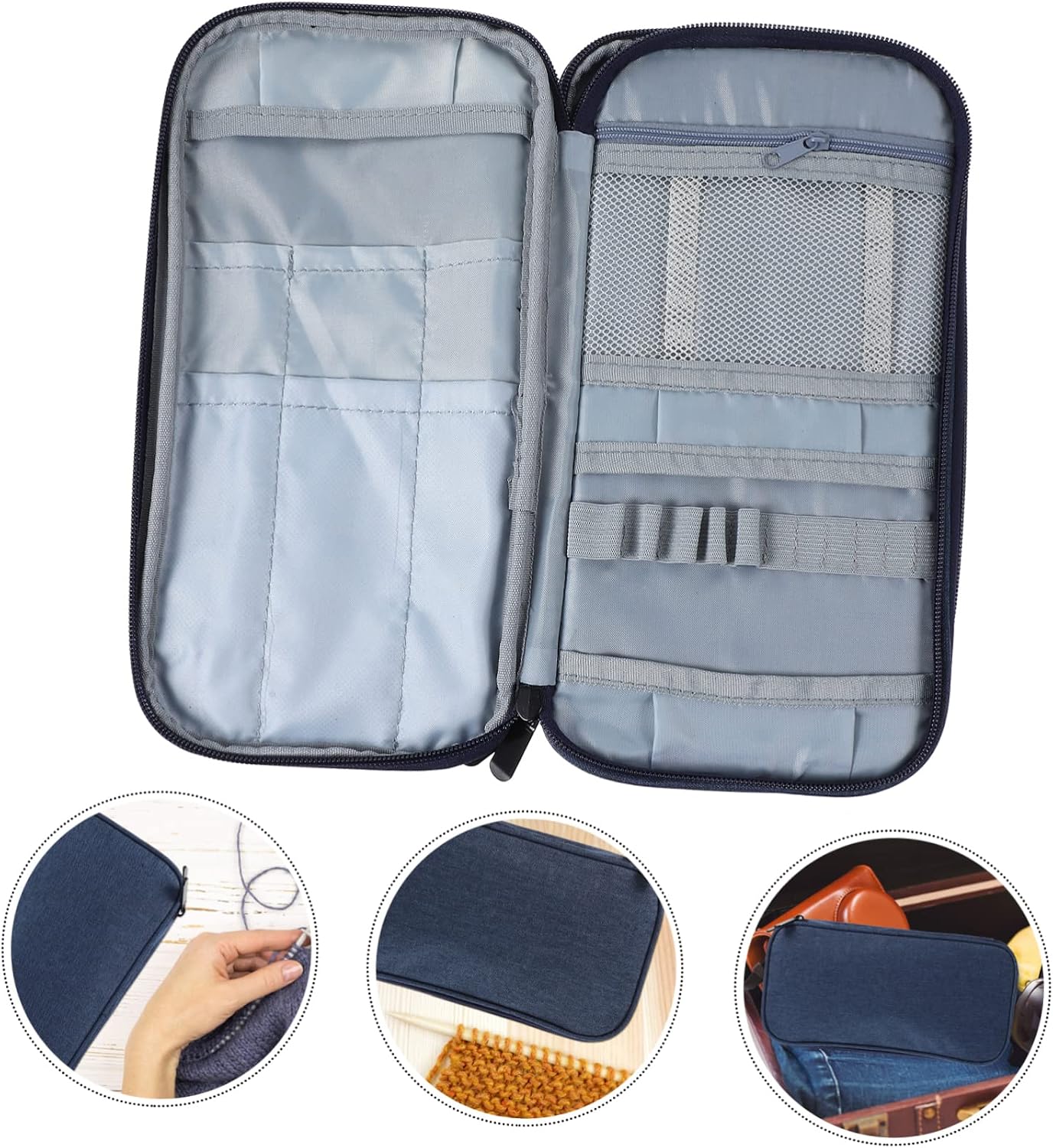 BEBEMOKO Capacity Multifunctional Crochet Storage Pouch Oxford Cloth Knitting Needle Holder Dark Blue for Organizing Knitting Accessories