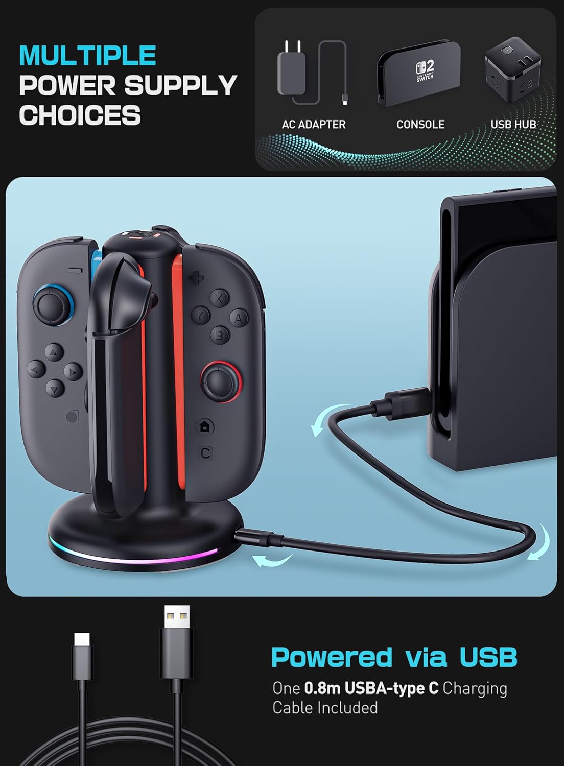 Mumba Charging Dock for Nintendo Switch 2 Joy Cons, Dual-Direction Magnetic Controller Charger Station with 9 RGB Lights & Overcharge Protection, Compatible with Nintendo Switch 2 Joy-Con Accessories - Image 2