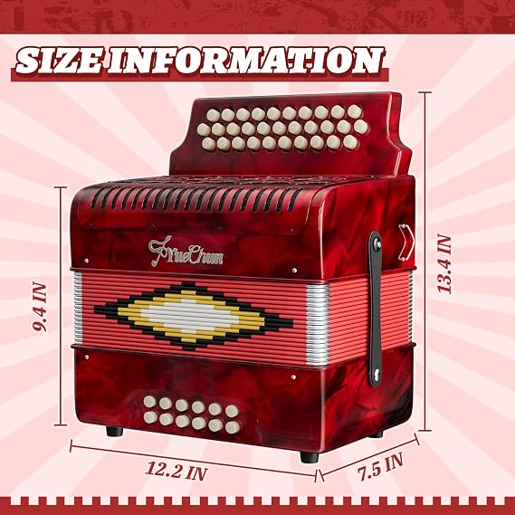 Accordion 31 Keys 12 Bass,with Superior Material & Standard Tone(red) | C/G/F Scale;Includes Case, Strap, Cloth & Gloves;Premium Tuned Reeds, Rich Tone;Noise Reduction Design