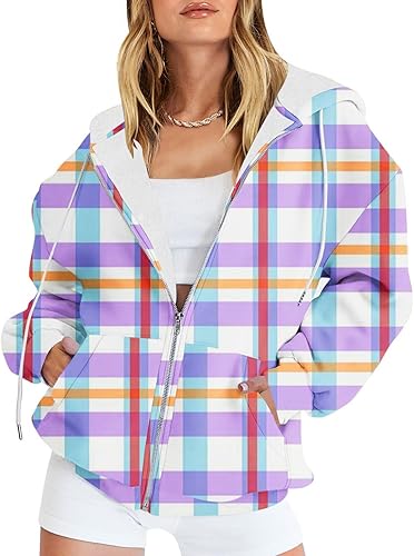 Vista 2 de oelaio Women Full Zip Up Flannel Hoodie Comfy Plaid Sweatshirt Long Sleeve Y2K Shacket with Pockets,Fashion Fall Outfit