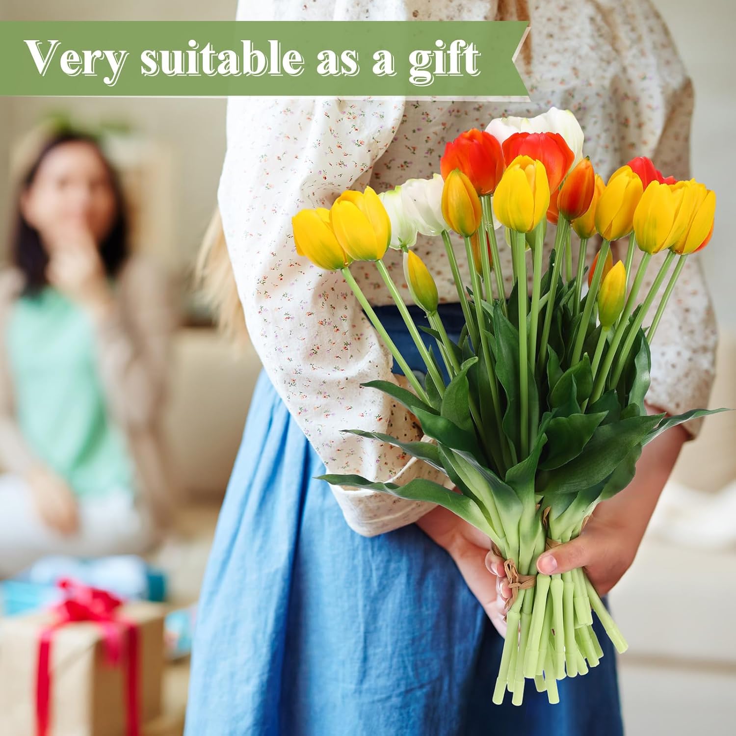 Riceshoot 6 Bunches Artificial Tulips Flowers 30 Pcs Faux Tulips Bouquets Arrangements Realistic Flowers for Office Wedding Party Kitchen Decoration(Warm Color)