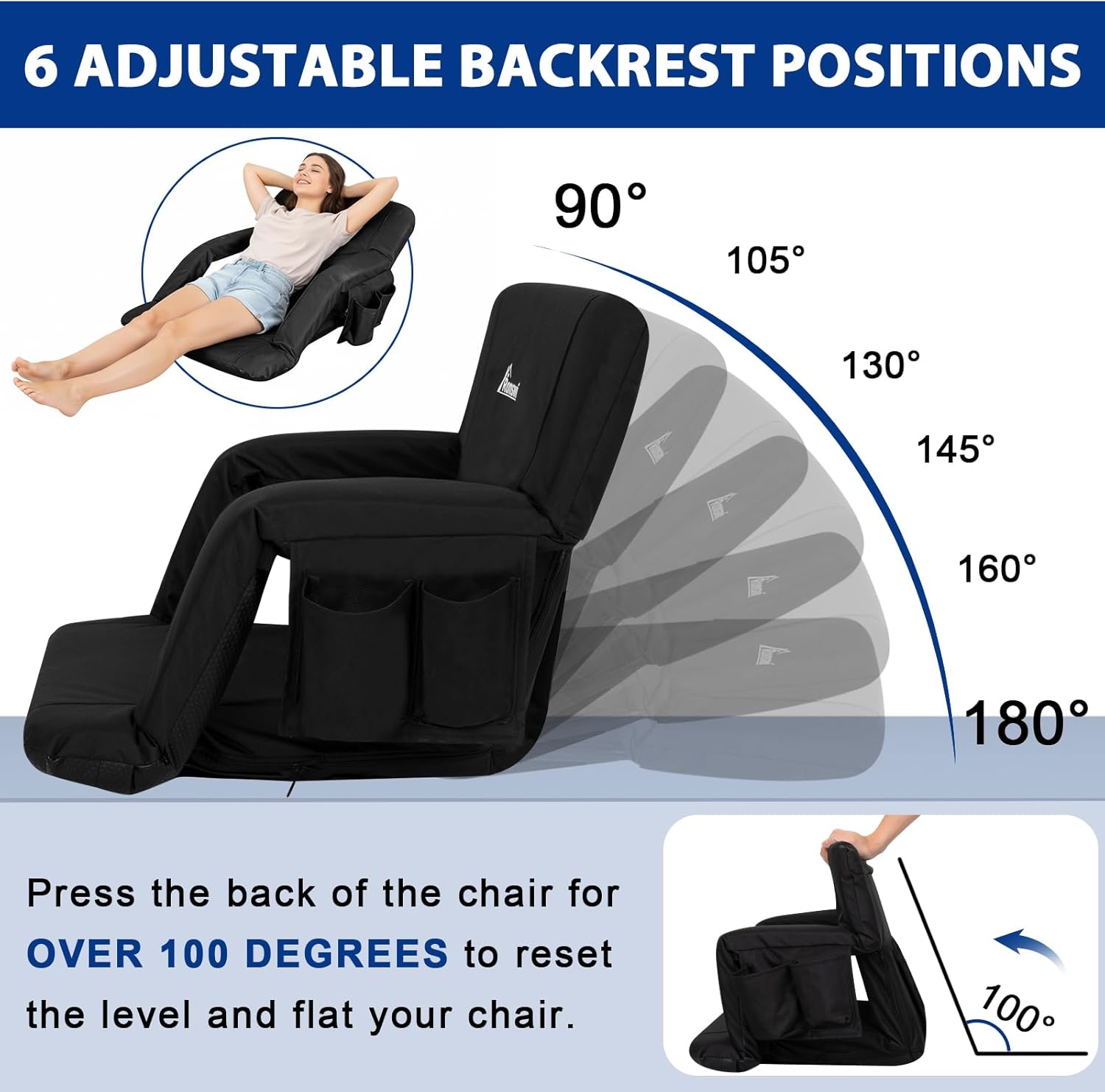 Romswi 25" Extra Wide Stadium Seats for Bleachers with Back Support, 2.6" Thick Padded Wide Stadium Chair, 6 Reclining Positions, Dual Anchors, 2 Cup Holders & Multi-Pockets for Big & Tall 2 Pack