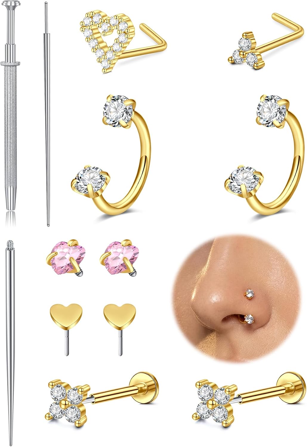 QWALIT 18g & 20g Nose Rings & Hoops - L & C Shape Studs - Surgical Stainless Steel & Silver Nose Piercing Jewelry - Rose Gold & Black - For Women & Men