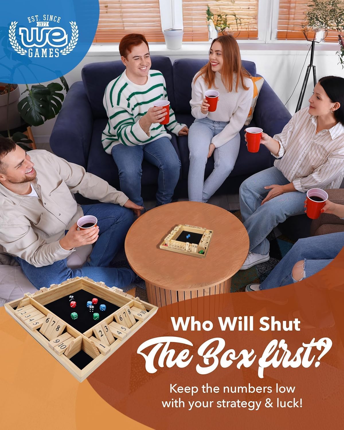 WE Games Shut the Box Wooden Board Game - Classic 4 Player Table Top Math Dice Game, Natural Wood, 8.5 in. Travel Size, 10 Numbers, for Families and Adults