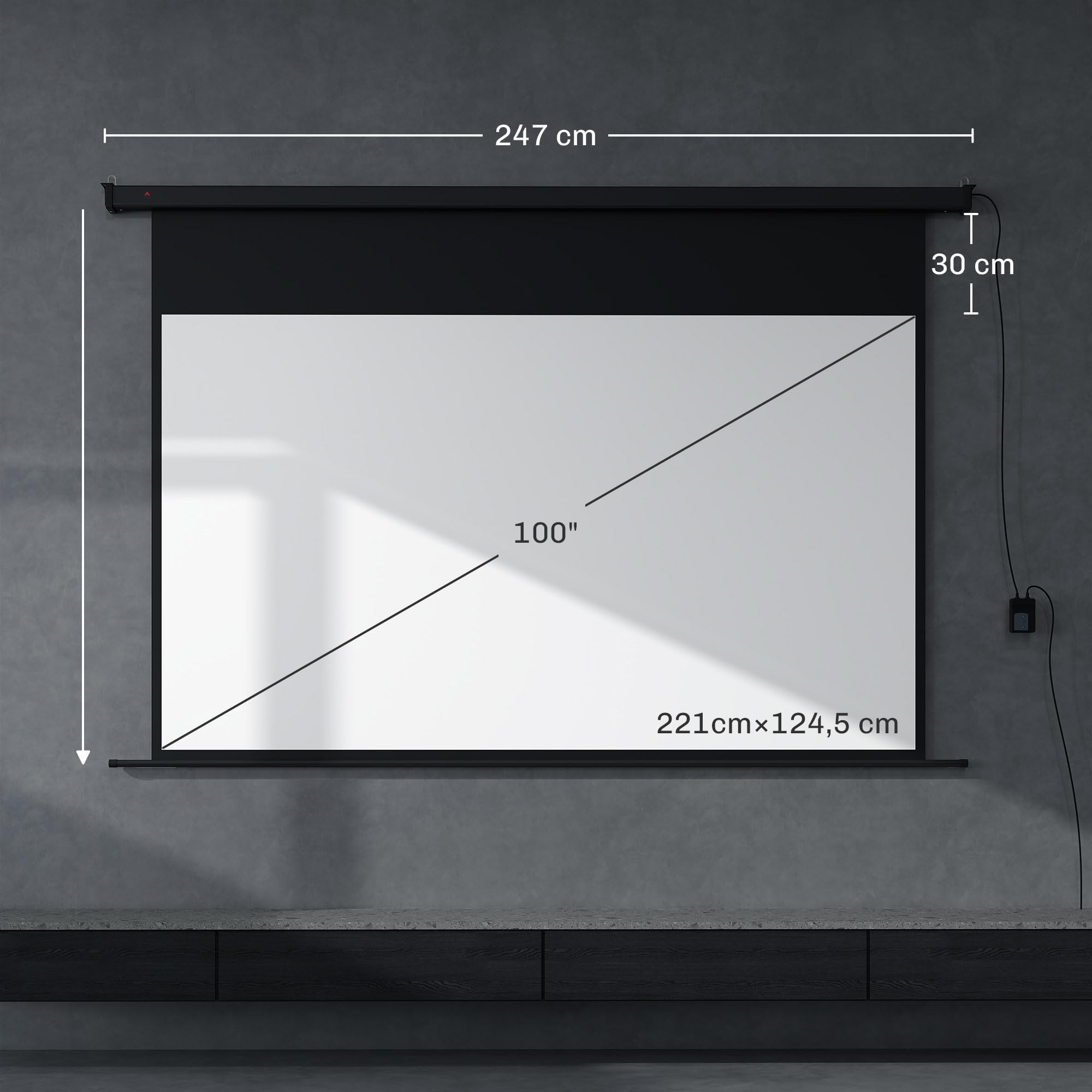 HOMCOM Schermo proiettore da 100 pollici, 16:9 4K HD schermo di Proiezione motorizzato ed elettrico, schermo di Proiezione TV e Home theatre, Montaggio a Parete o Soffitto, Pannello di Controllo e