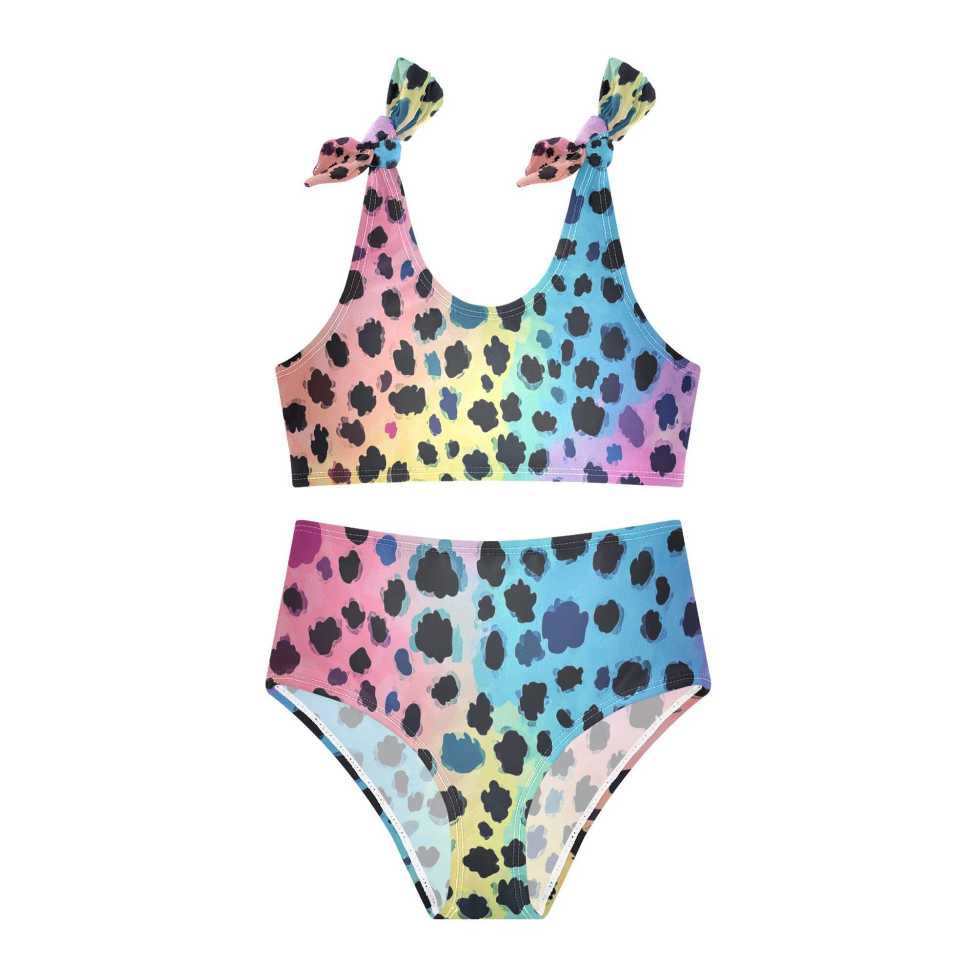 JUNZAN Colorful Leopard Rainbow Girls Bikinis 2 Piecing Cute Elastic Swimwear Baby Girls Swimming Suits Birthday Gifts 5-6Y