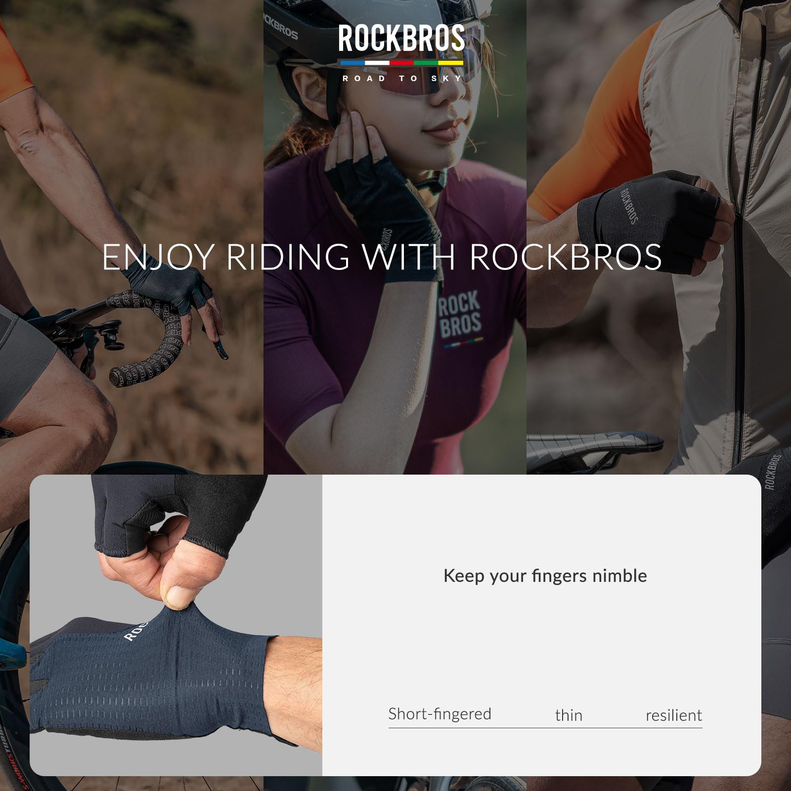 ROCKBROS Road to Sky Gants Cyclisme Homme Femme Demi-Doigts Gants VTT Respirant Antidérapant Réfléchissant Mince Printemps été Gants Court Scooter Vélo électrique Pliable Route Course Sport
