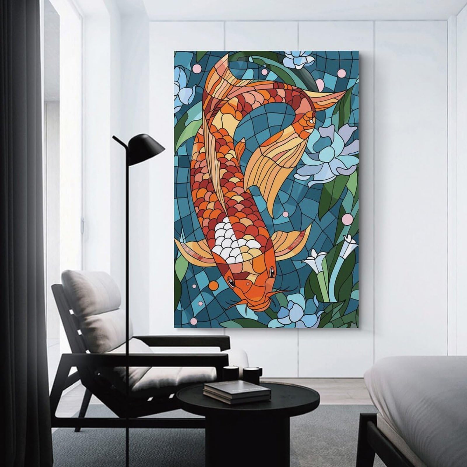 Junmoney Canvas Wall Decor Stained Glass Koi Fish And Lotus Flowers, 24x36inch(60x90cm), for Bedroom Decor, Cosy Corners Or Studios, Decorative Wall Art for Cosy Rooms