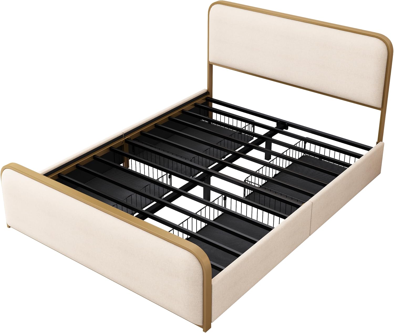 Harper & Bright Designs Queen Size Gold Modern Meta Platform Bed Frame with Curved Upholstered Headboard and Footboard with 4 Storage Drawers, Under Bed Storage, Heavy Duty Metal Slats, Beige