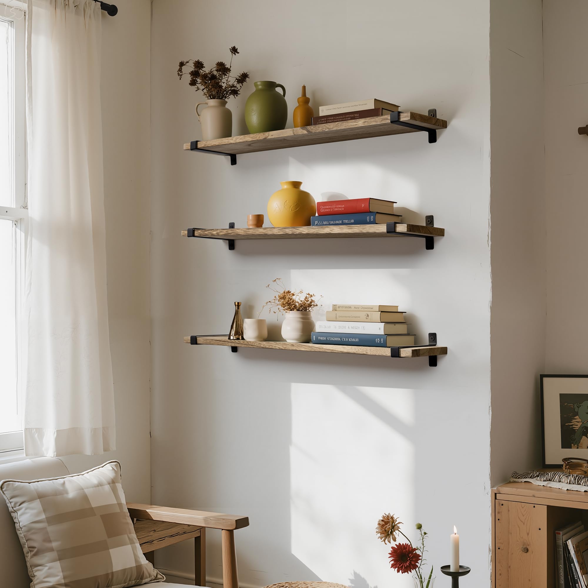 Gronda Étagère Murale Lot de 3 étagères flottantes étagère Murale Bois idéal pour Les salles de Bains, Les Salons, Les Chambres et Les Cuisines Industrielle 60cm