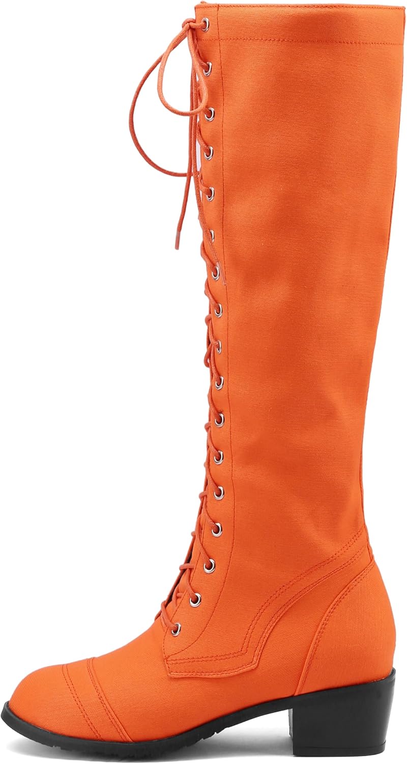 BEAUPAS Women's Knee High Combat Boots Lace Up Low Heel Military Tall Boots(Orange,7)