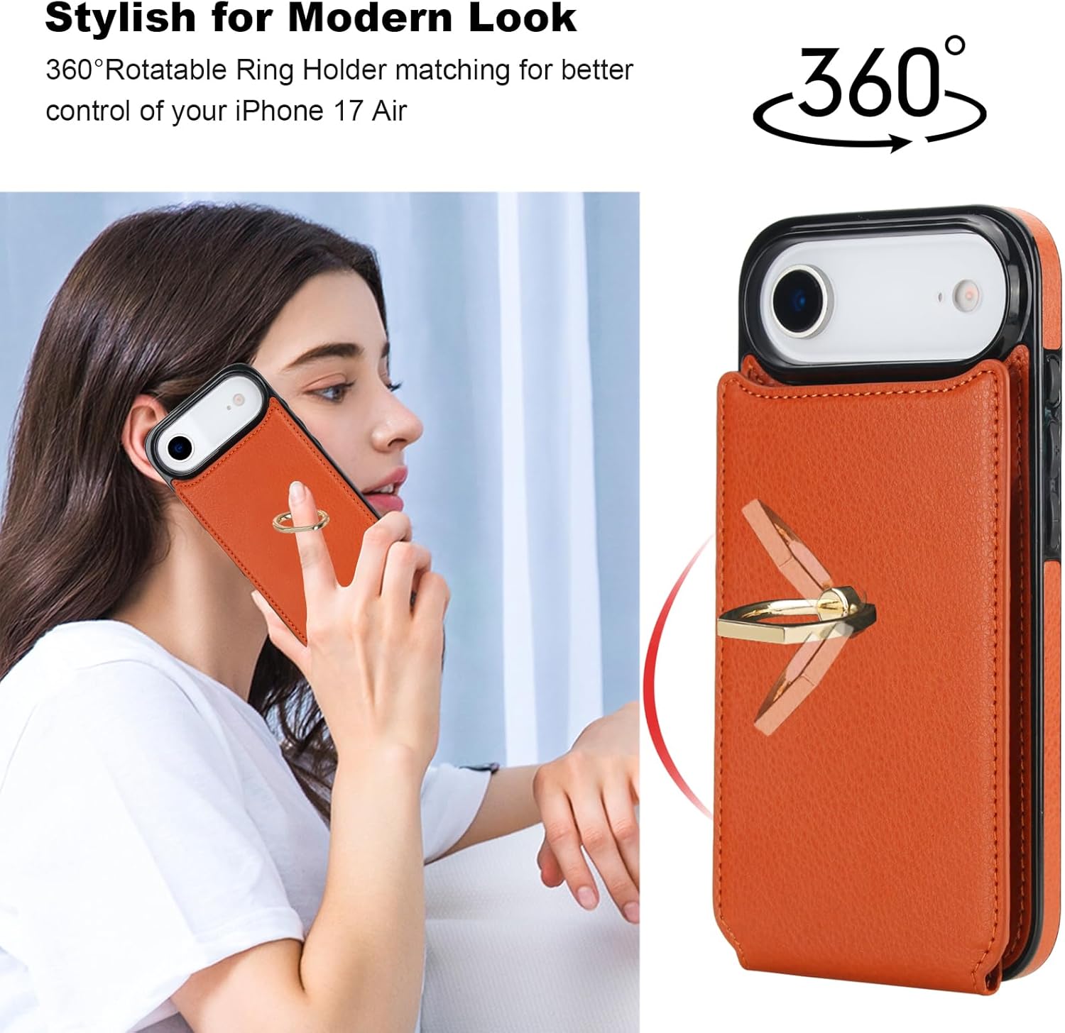 Folosu Compatible with iPhone 17 Air Case Wallet with Card Holder, 360°Rotation Finger Ring Holder Kickstand, RFID Blocking Leather Protective Double Buttons Shockproof Cover 6.5 Inch Brown