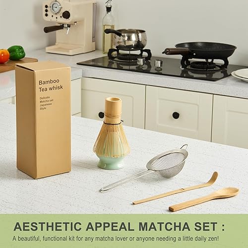 Miniatura 7 de Juego de 5 batidores de matcha, 100% bambú natural, accesorio de ceremonia de matcha, batidor, soporte para batidor (verde), tamiz, cuchara de té,