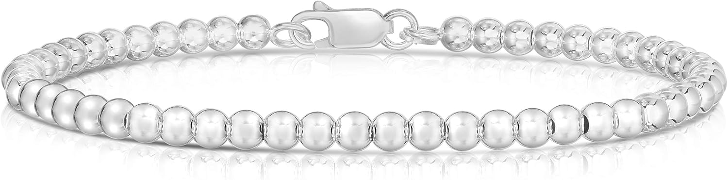 925 Sterling Silver 4MM-10M Italian Bead Ball Chain Bracelet- Handmade Bead Italian Bracelet, Silver Bead Bracelet For Women, 6.5, 7, 7.5, 8 Inch Bracelets