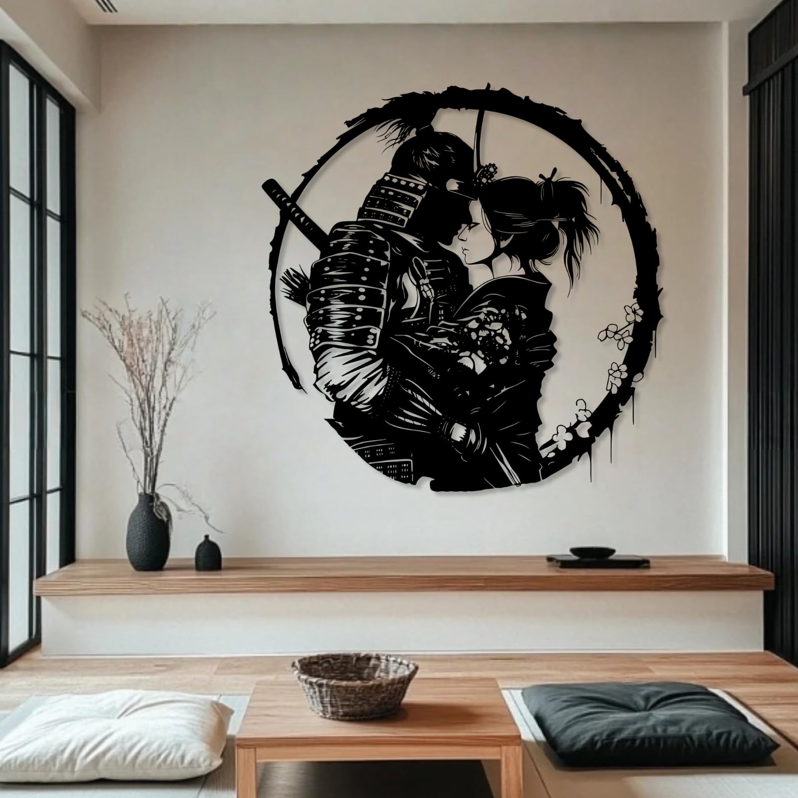 Arte de Pared de Metal Negro con Figura de Geisha samurái, decoración de Pared Japonesa de Metal, Escultura Moderna de Arte samurái para Sala de Estar, Dormitorio, Pasillo y escaleras (Plate